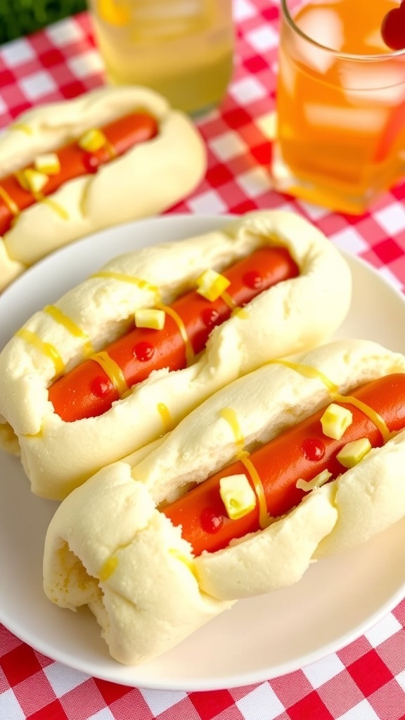 Cloud Bread Hot Dog Buns Recipe Fluffy cloud bread hot dog buns filled with hot dogs, garnished with onions and mustard on a picnic table.